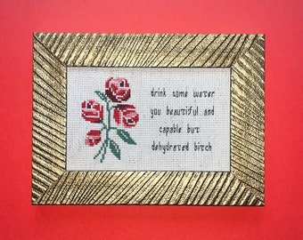 Drink some water you beautiful and capable but dehydrated bitch. Finished and framed cross stitch.