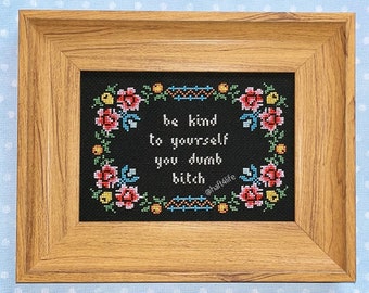 Be kind to yourself you dumb bitch. Finished and framed cross stitch.