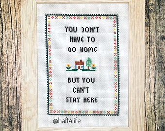 You don’t have to go home but you can’t stay here. Finished and framed cross stitch.