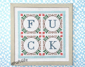 Fuck. Finished and framed cross stitch.