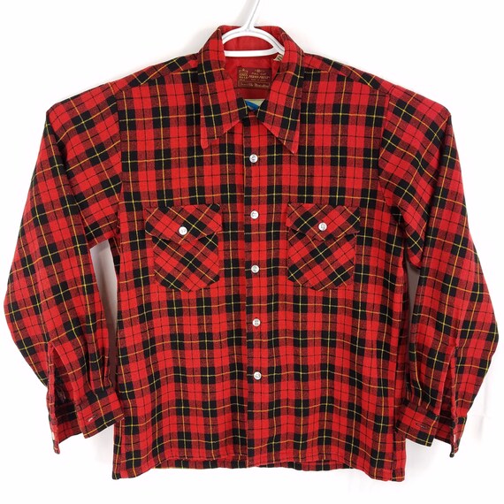 Vintage 70s Wool Blend Red Buffalo Plaid Big Collar Flannel | Etsy