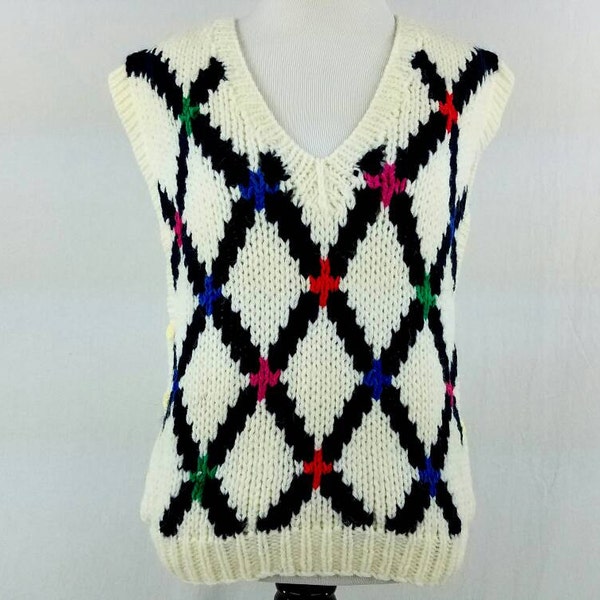 80s Argyle Sweater Vest, Cream White and Blue Womens Sweater Vest, Womens Cardigan Sweater, Vintage Large