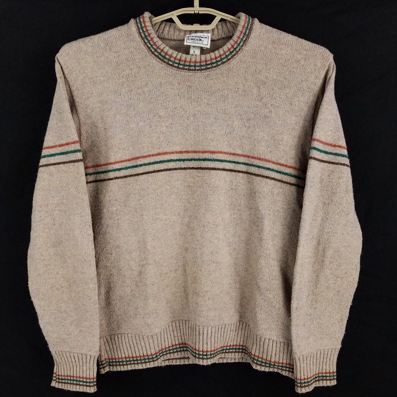 Vintage USA Made 80s Tan Striped Crewneck Sweater Mens Large