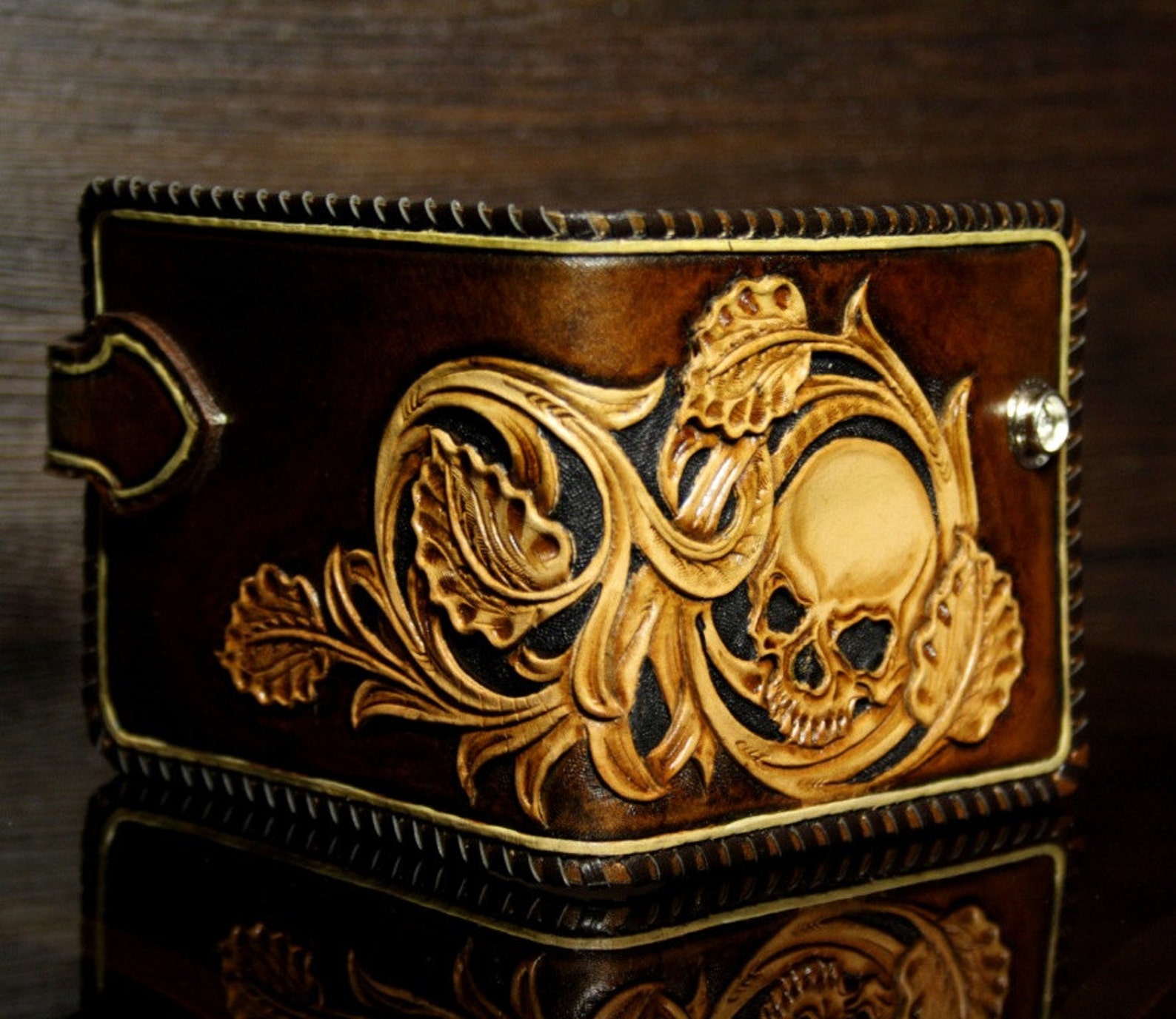 Handtooled mens leather wallet with a skull in sheridan Etsy