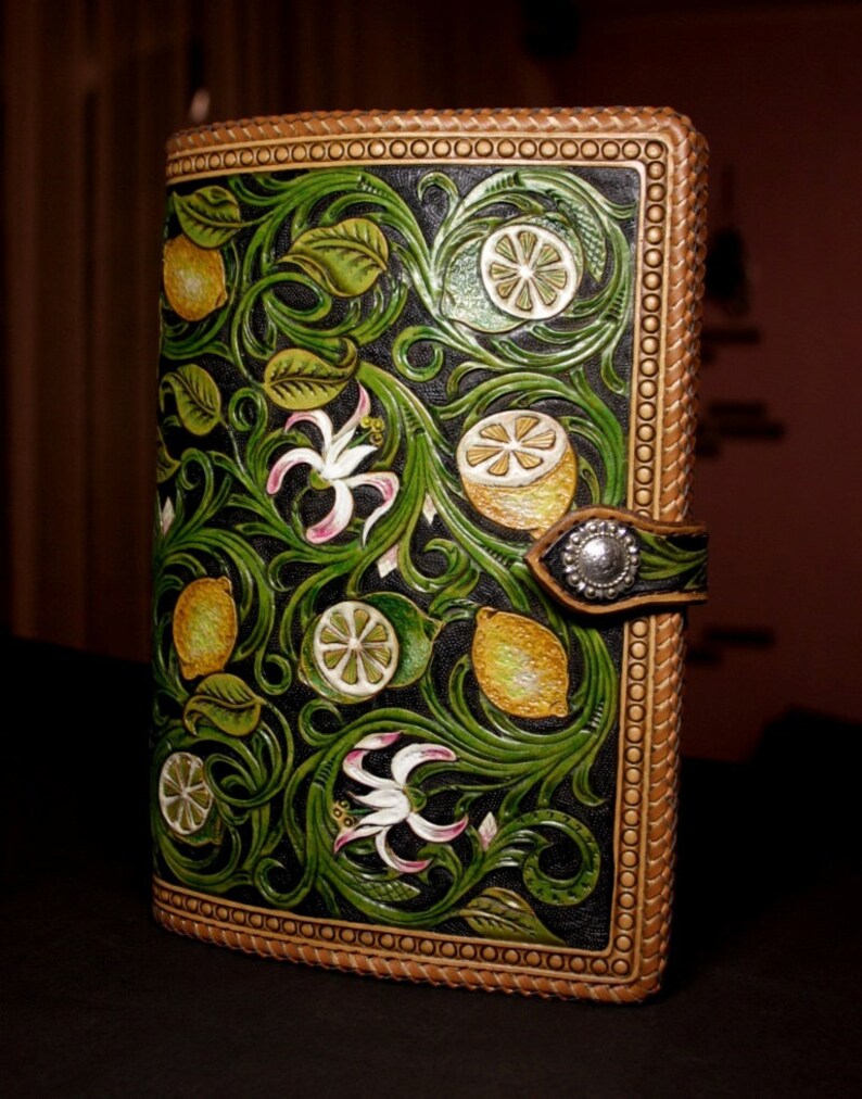 Handtooled leather cover tooled book cover lemons book Etsy