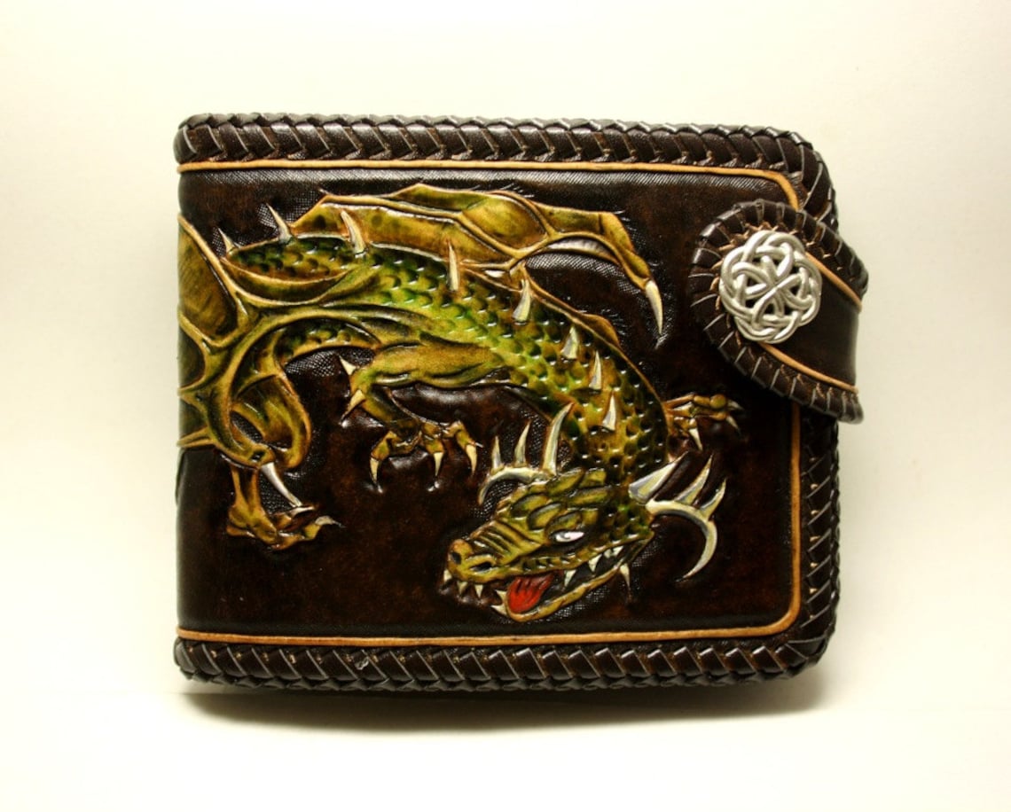 Handmade genuine leather wallet with handcarved Dragon Etsy