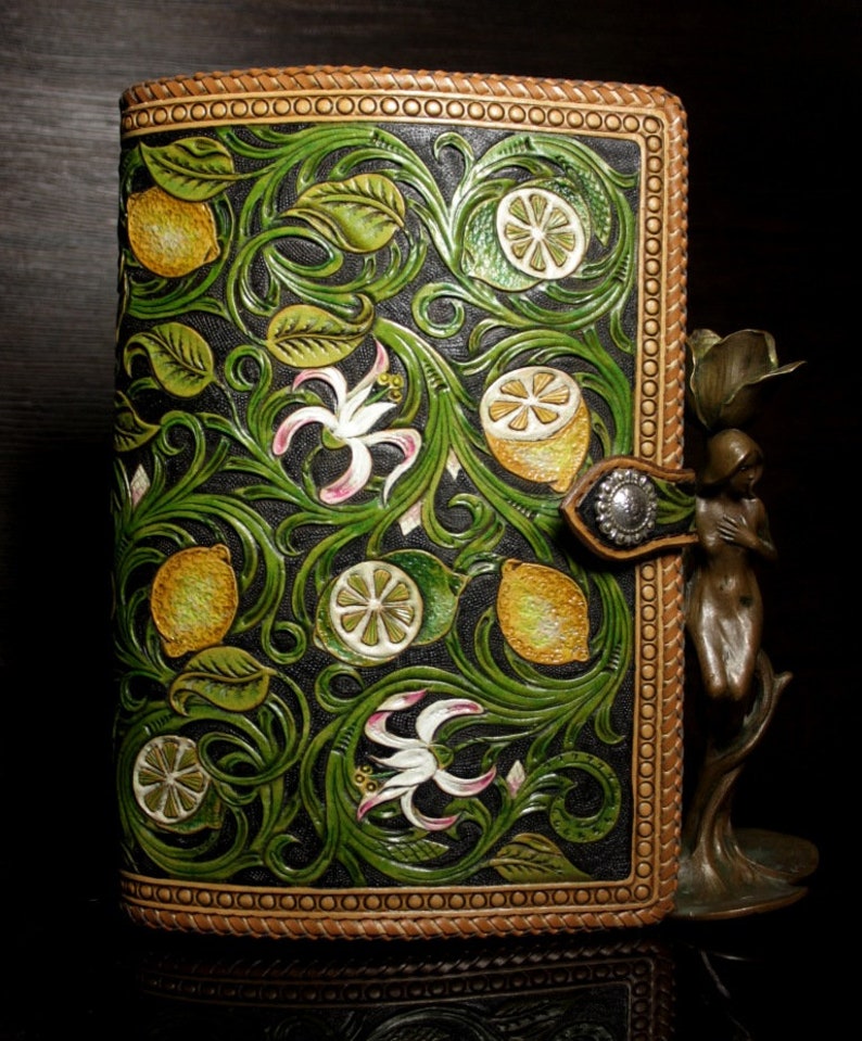 Handtooled leather cover tooled book cover lemons book Etsy