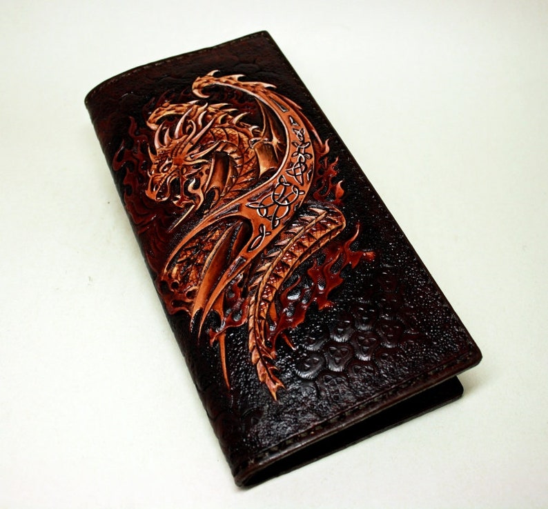Handtooled Dragon Wallet Long Dragon Wallet Slim Long Etsy