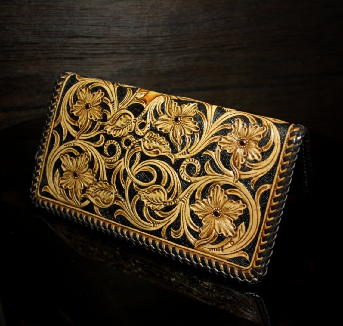 Handtooled leather checkbook cover with rodeo and sheridan Etsy