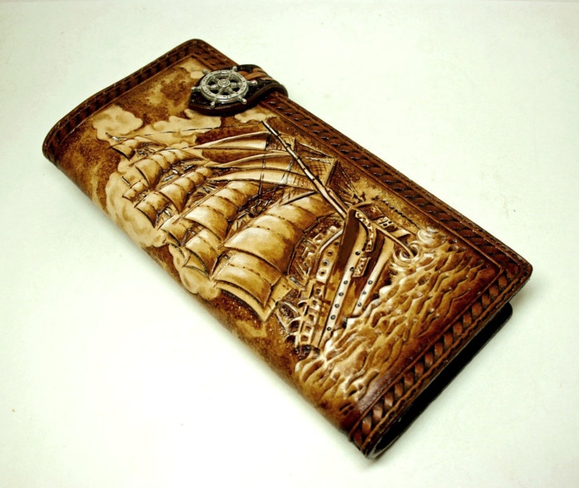 Handtooled leather ship wallet leather wallet ship wallet Etsy