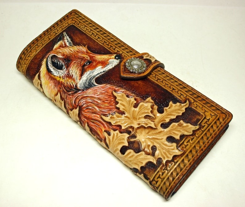 Handtooled leather fox wallet carved women's wallet Etsy