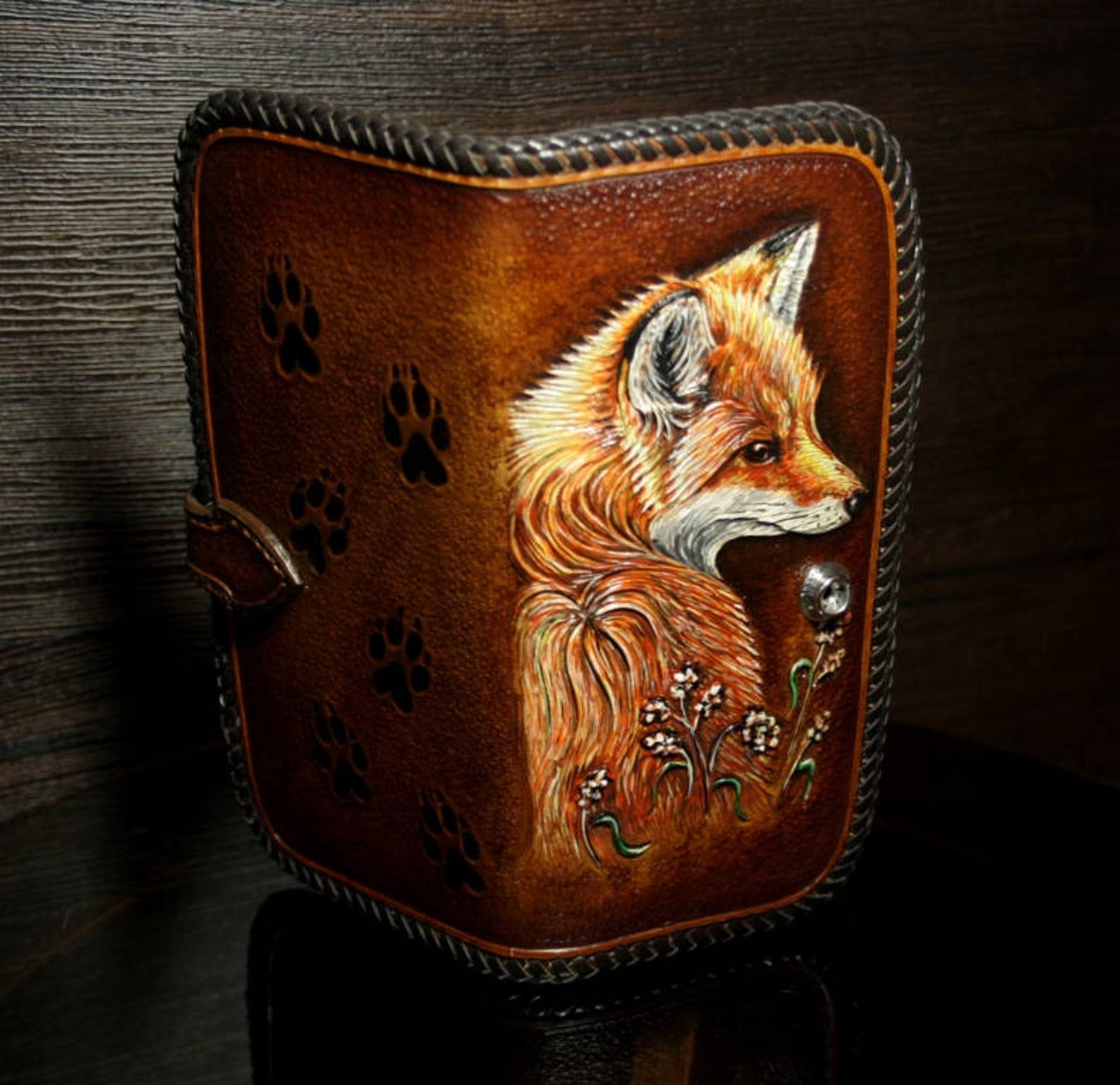 Handtooled fox wallet women's leather waller tooled Etsy