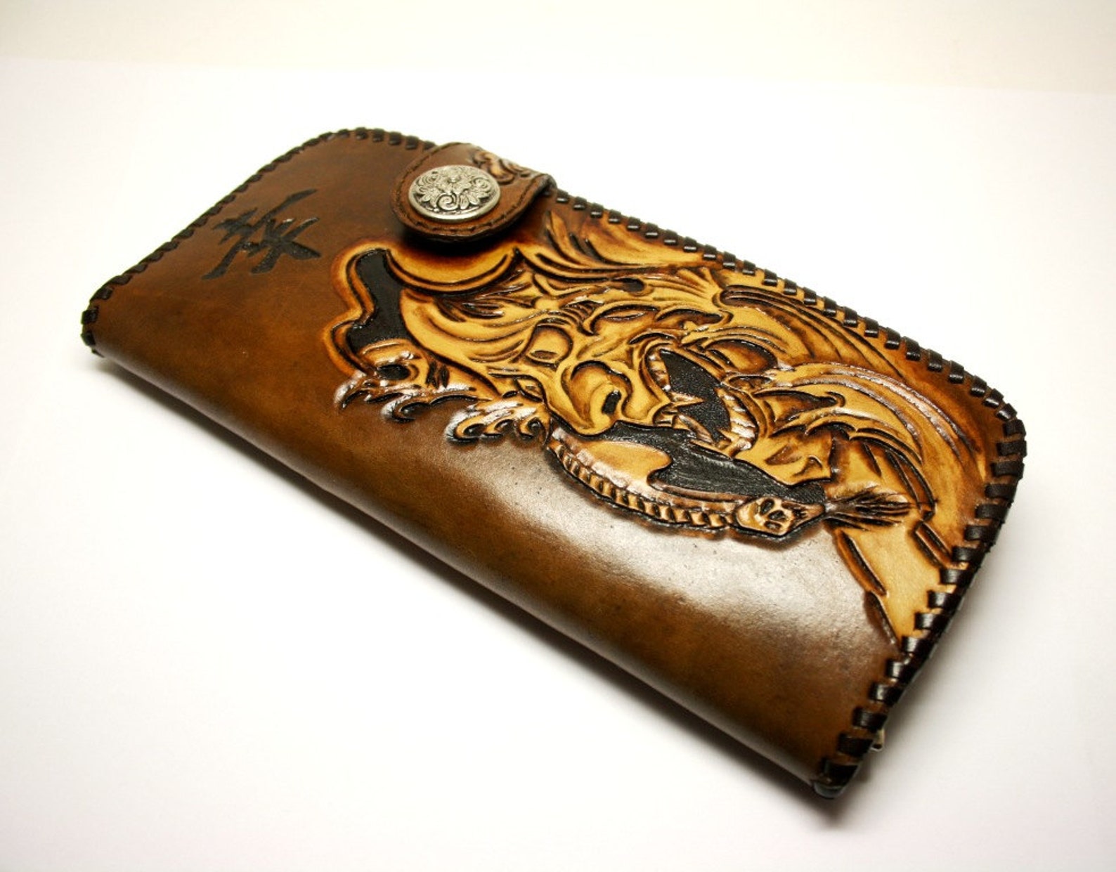 Handtooled leather biker wallet in Japanese style tooled Etsy