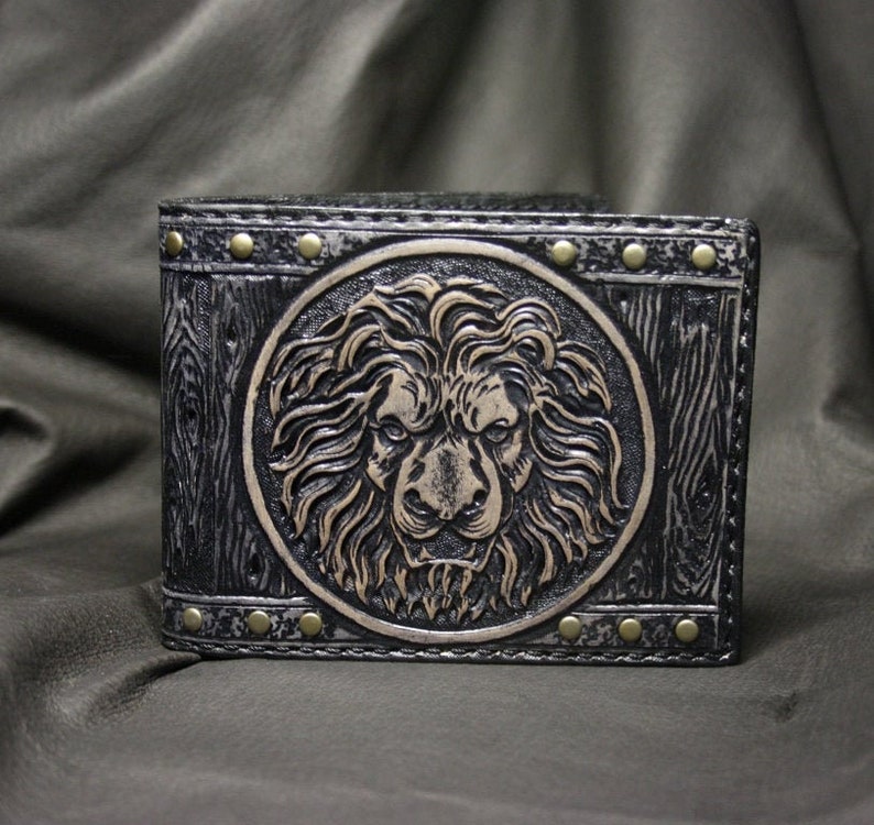 carved wallet mens gift knight shield wallet lion wallet lion leather wallet leather wallet Hand-tooled leather wallet tooled wallet