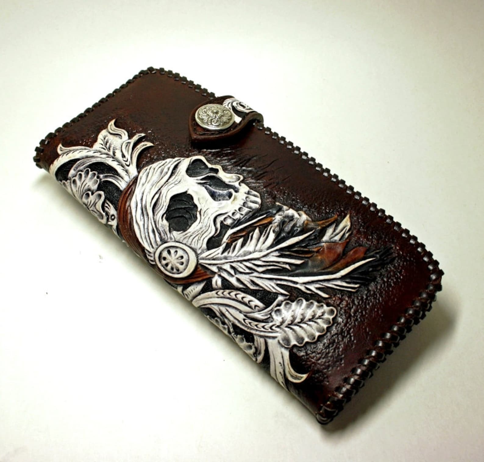 Handtooled biker wallet with a pattern in sheridan style and Etsy