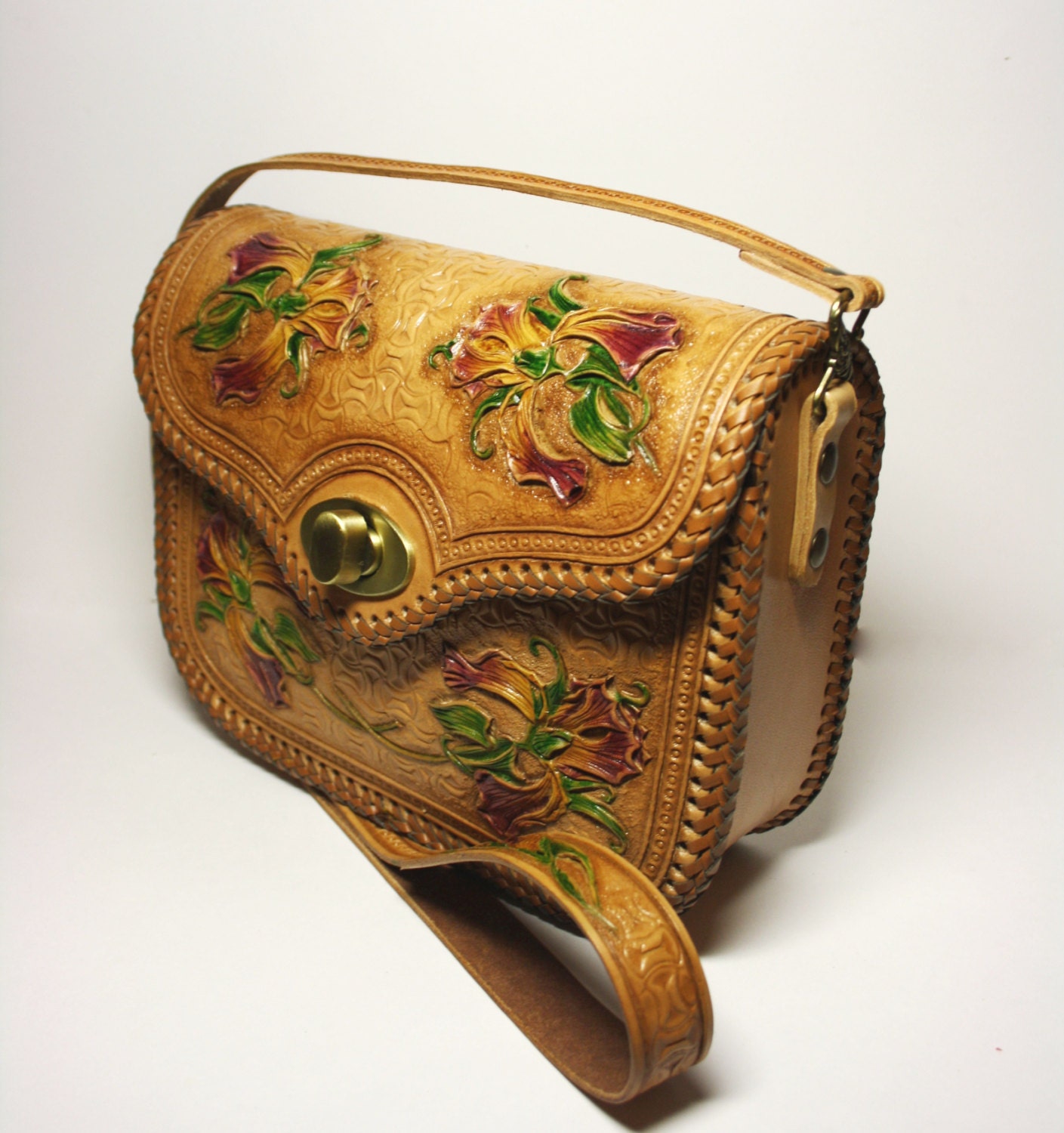 Hand-tooled leather handbag hand-carved bag flower bag | Etsy