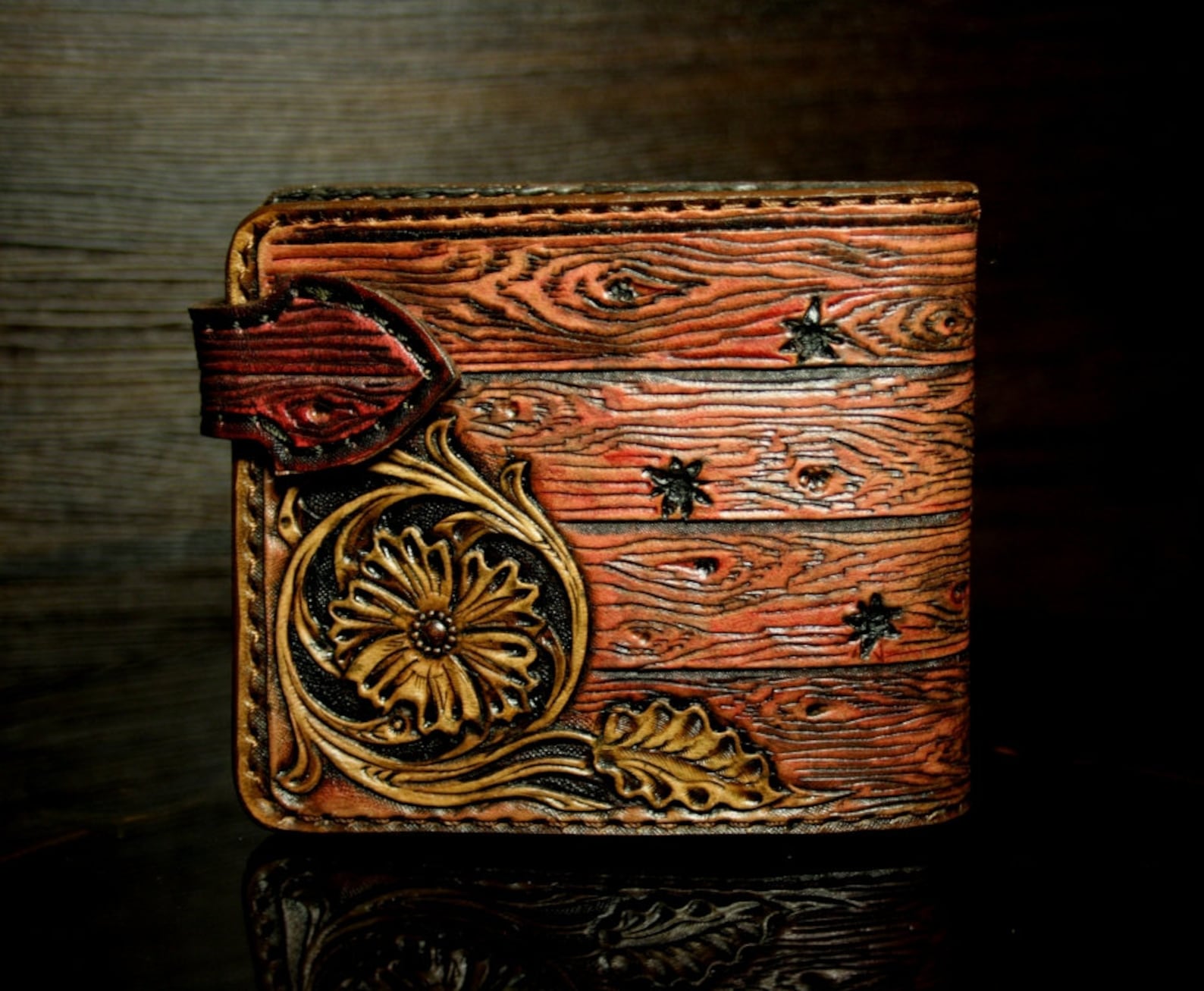 Handtooled Leather Wallet Woodlike Design With Skull Cowboy Etsy