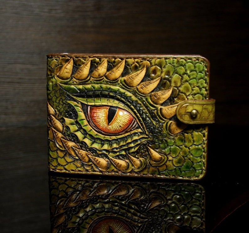 Hand-tooled leather wallet money clip dragon wallet leather | Etsy