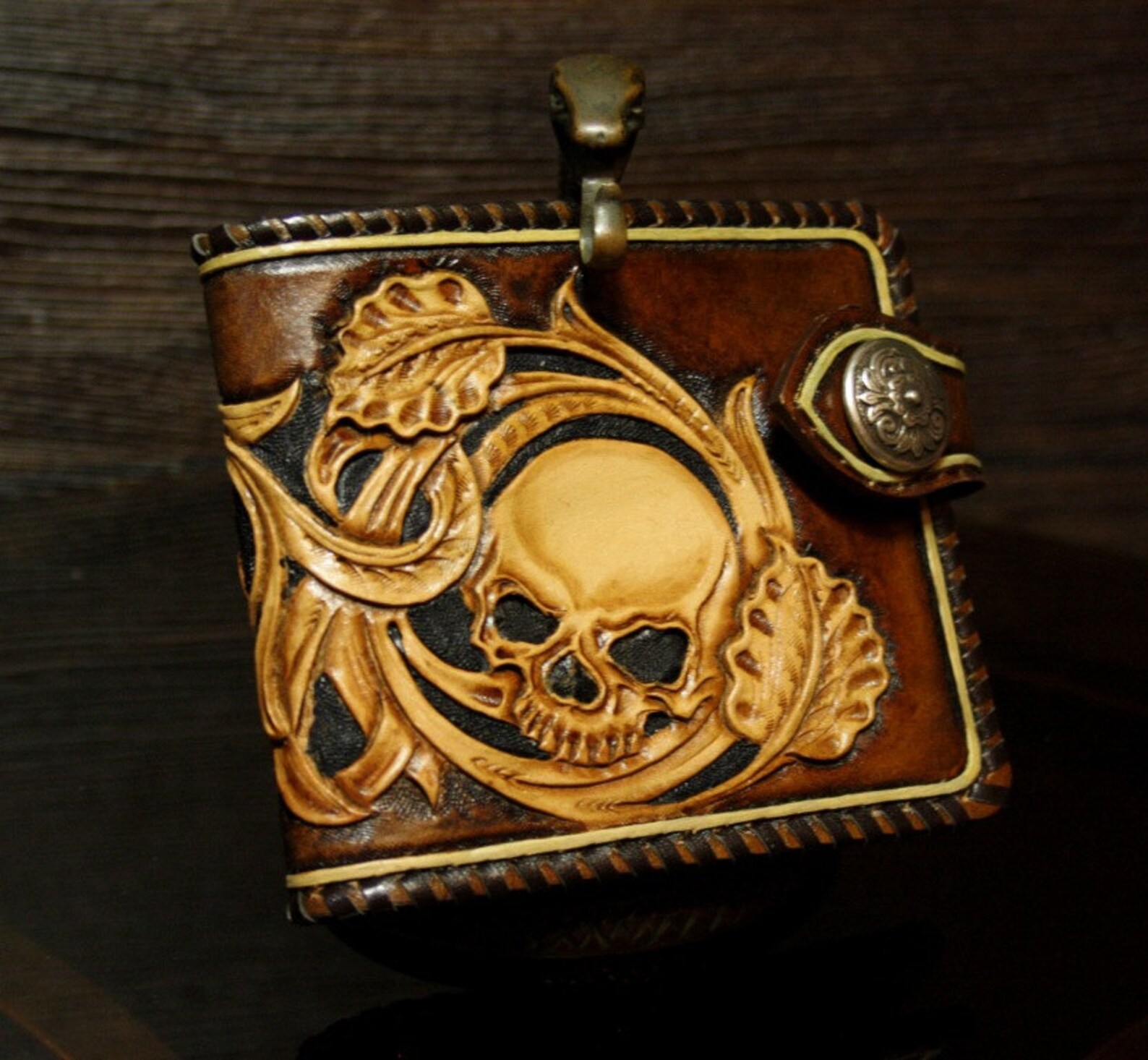 Handtooled mens leather wallet with a skull in sheridan Etsy