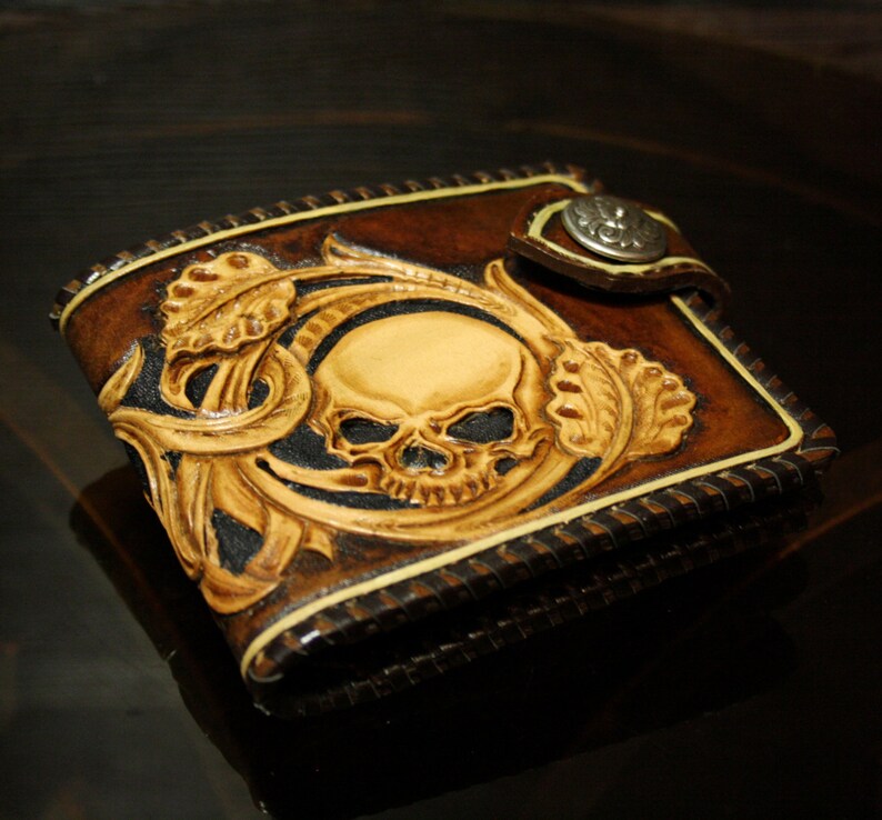Handtooled mens leather wallet with a skull in sheridan Etsy