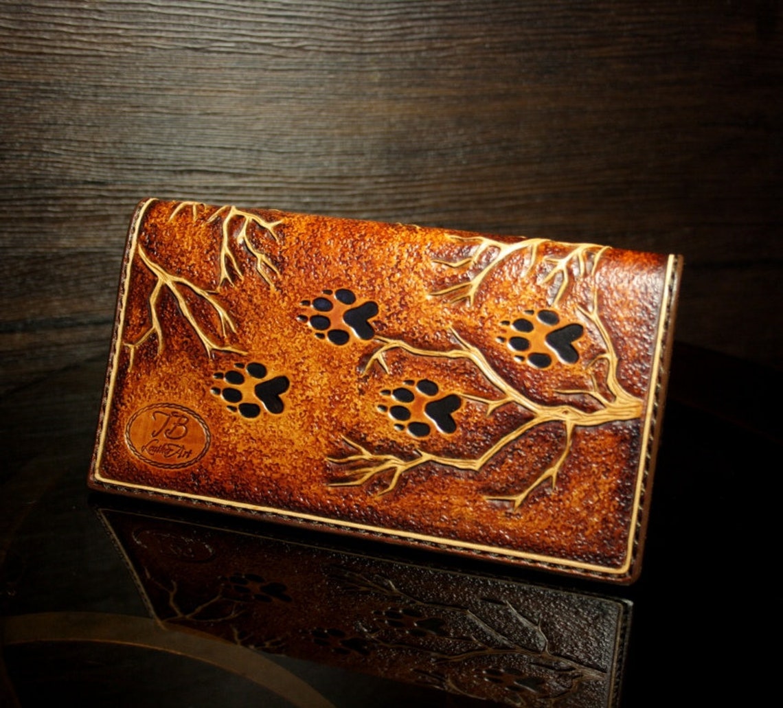Handtooled Leather Checkbook Cover With Wolf Design Tooled Etsy