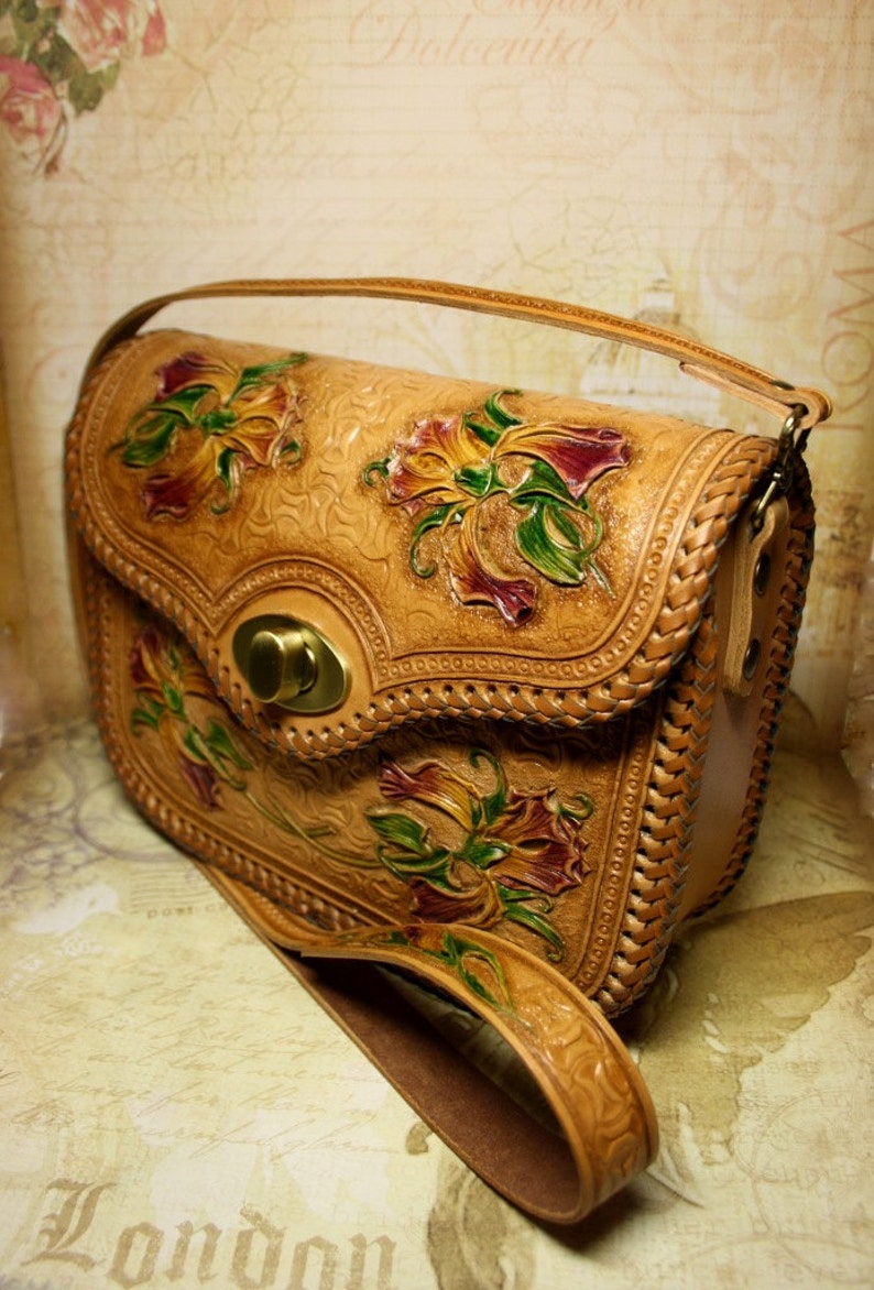 Hand-tooled leather shoulder bag leather bag flower bag | Etsy