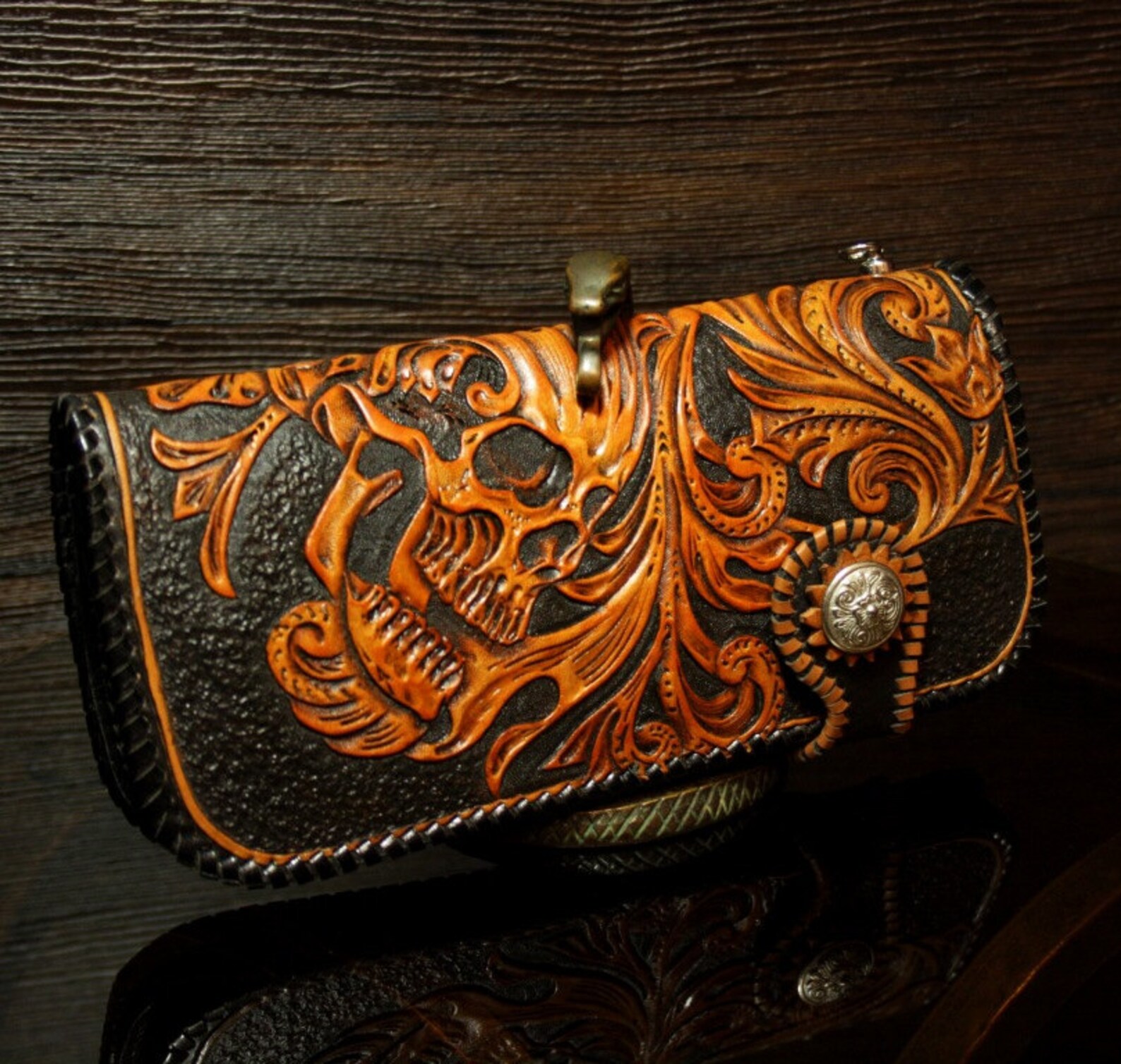 Handtooled biker wallet in sheridan style with a skull Etsy