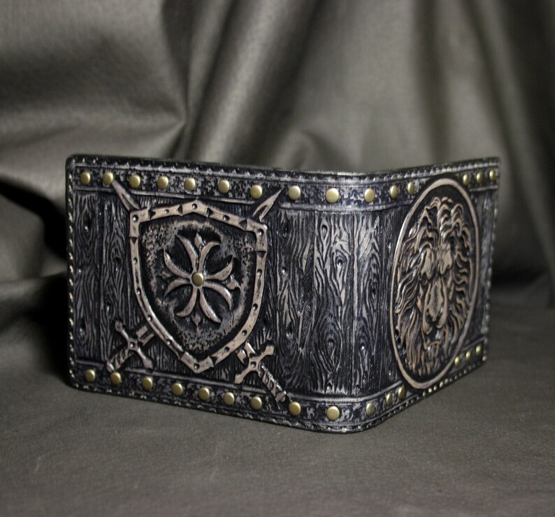 carved wallet mens gift knight shield wallet lion wallet lion leather wallet leather wallet Hand-tooled leather wallet tooled wallet