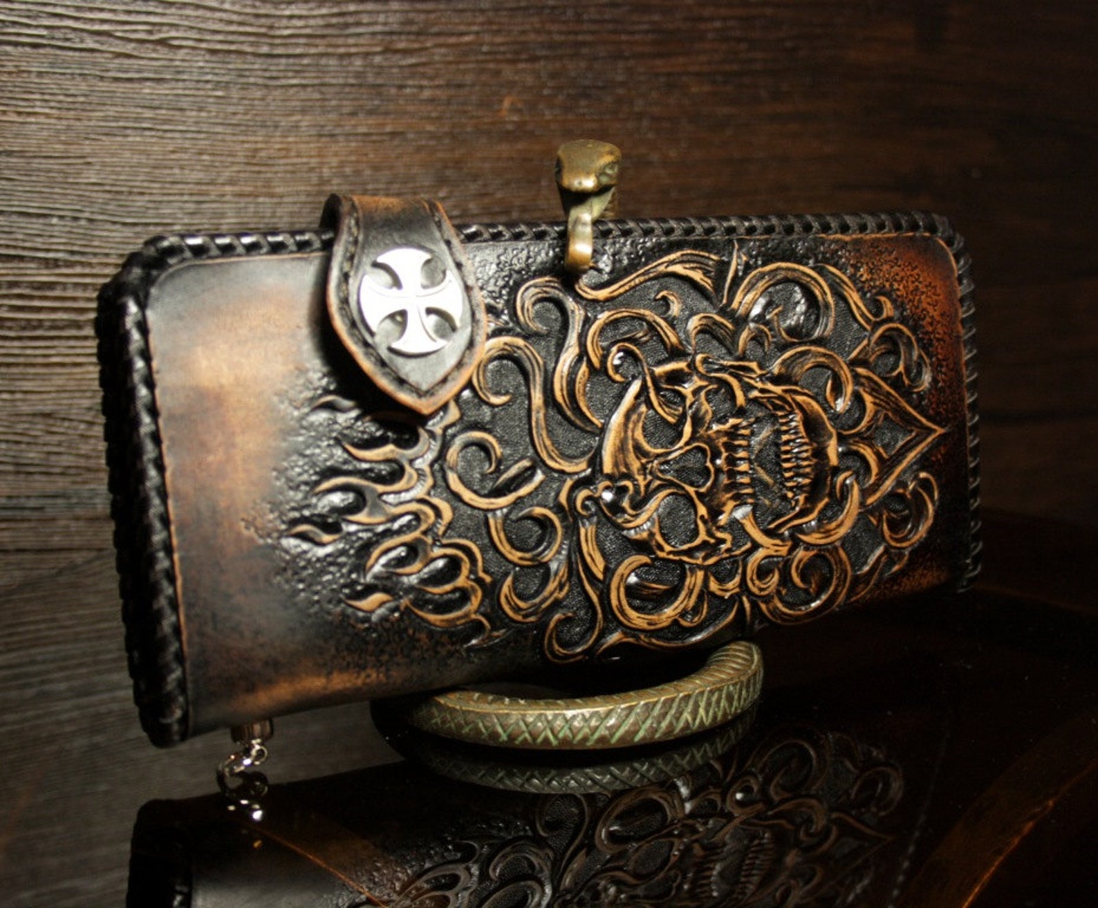 Handtooled leather biker wallet with a skull carved biker Etsy
