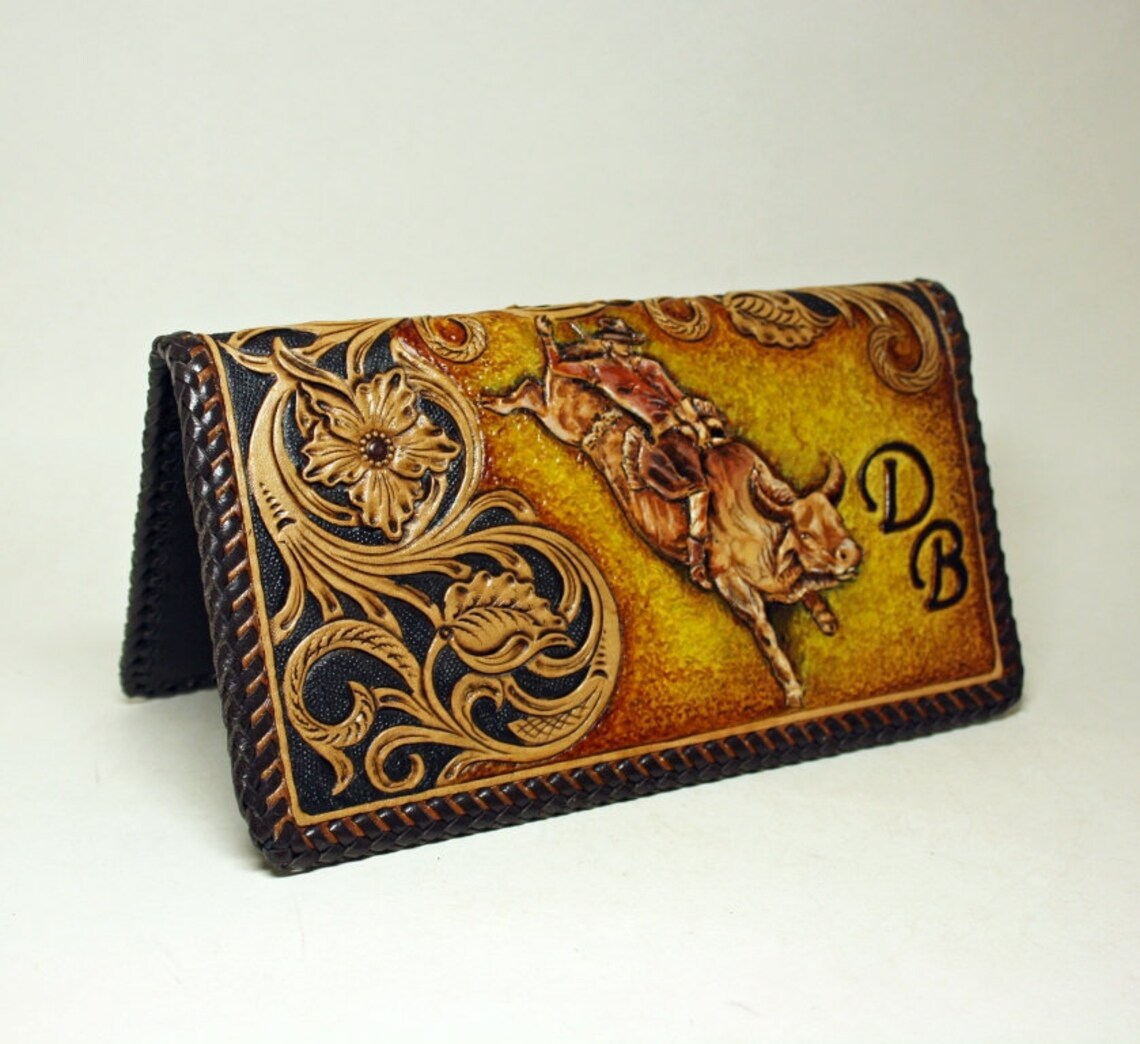 Handtooled Leather Checkbook Cover With Bull Rider and Etsy