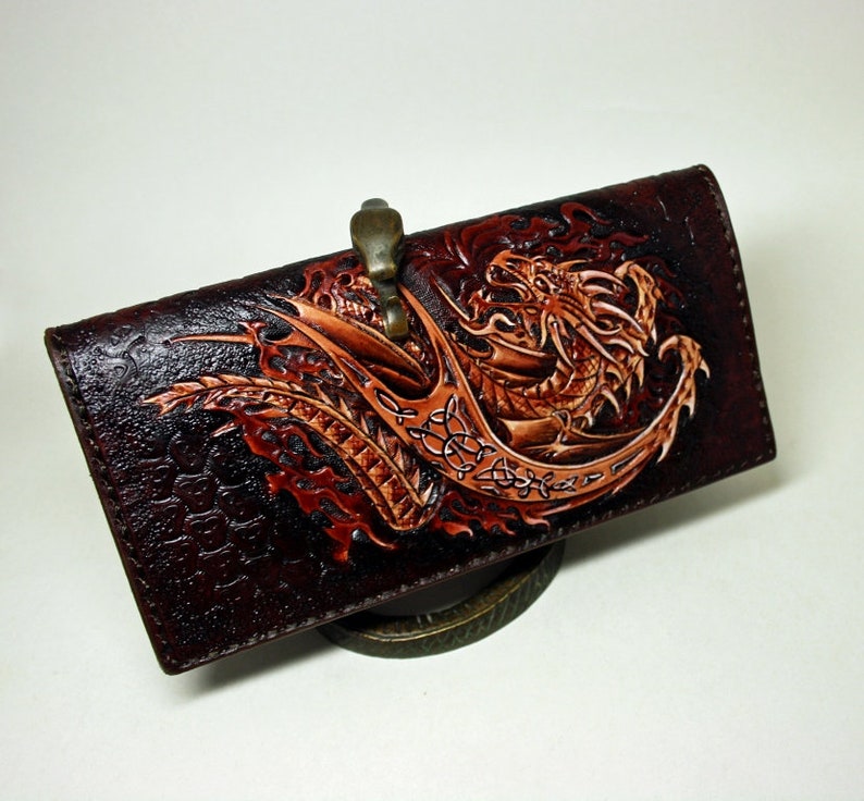 Handtooled Dragon Wallet Long Dragon Wallet Slim Long Etsy