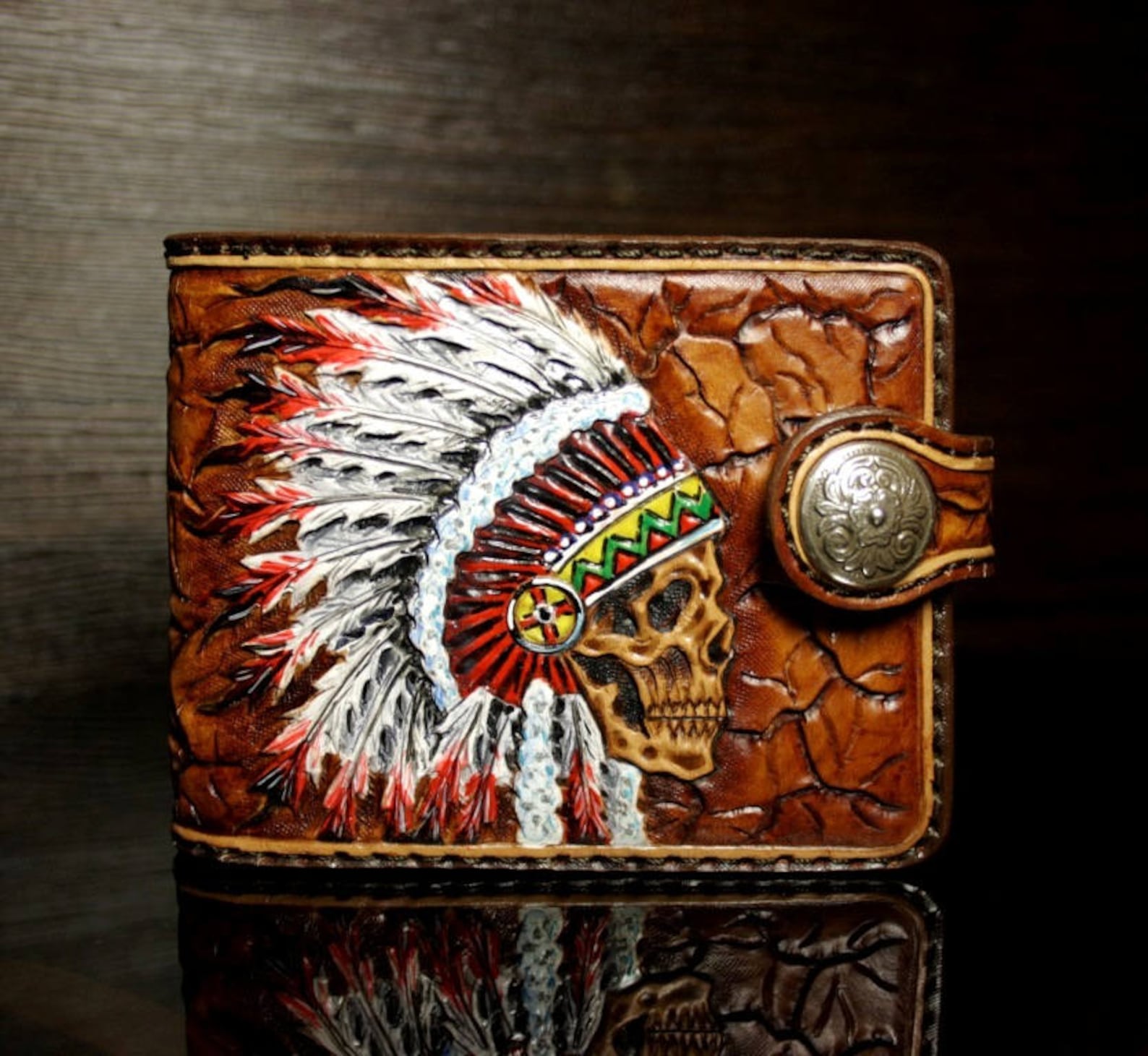 Handtooled leather wallet tooled wallet Indian skull Etsy