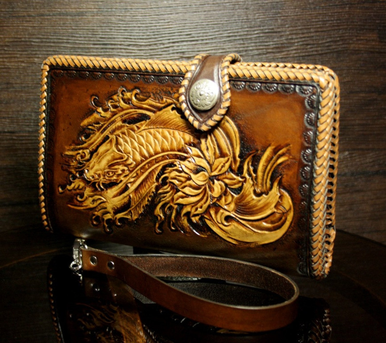 Handtooled leather travel wallet with koi and lotus pattern Etsy