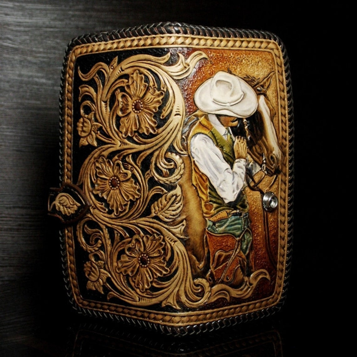 Handtooled cowboy wallet tooled leather wallet sheridan Etsy