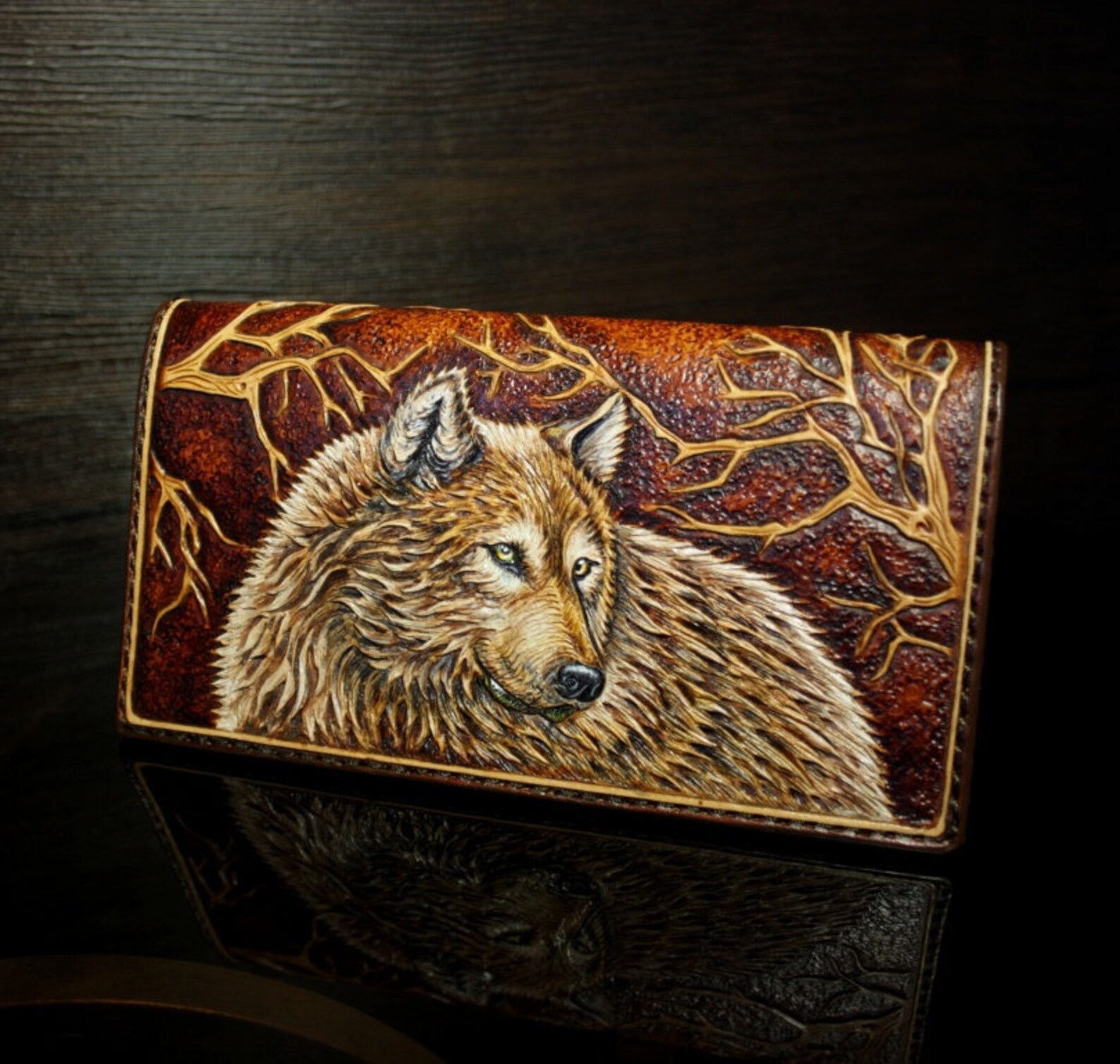 Handtooled Leather Checkbook Cover With Wolf Design Tooled Etsy