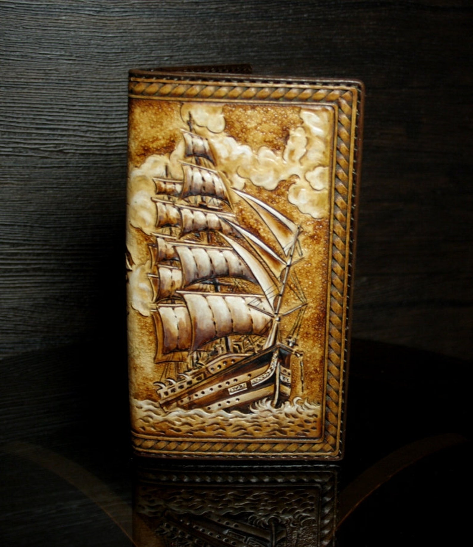 Handtooled Leather Checkbook Cover With Ship Design Tooled Etsy