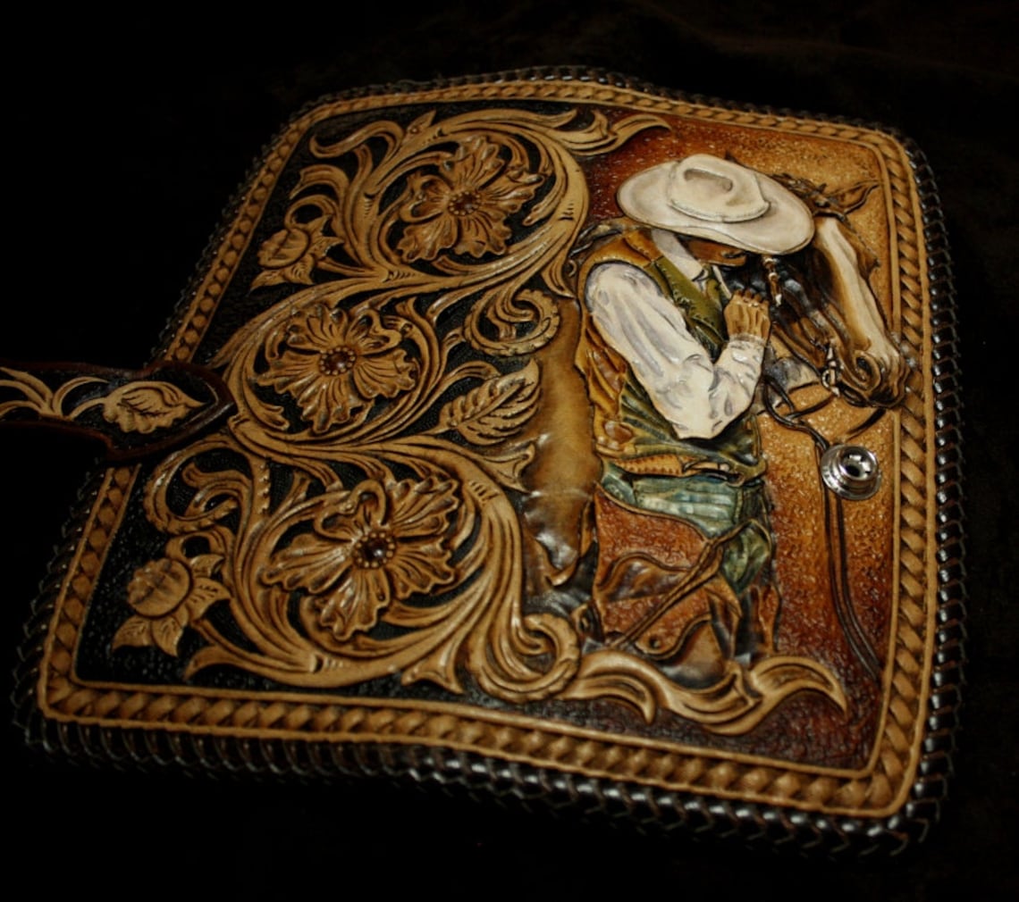 Handtooled cowboy wallet tooled leather wallet sheridan Etsy