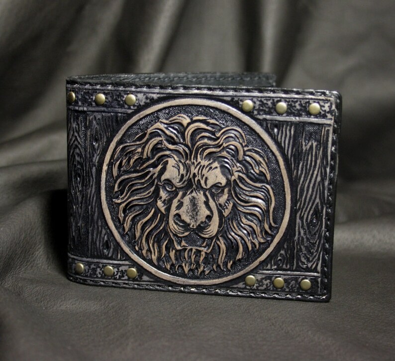 carved wallet mens gift knight shield wallet lion wallet lion leather wallet leather wallet Hand-tooled leather wallet tooled wallet