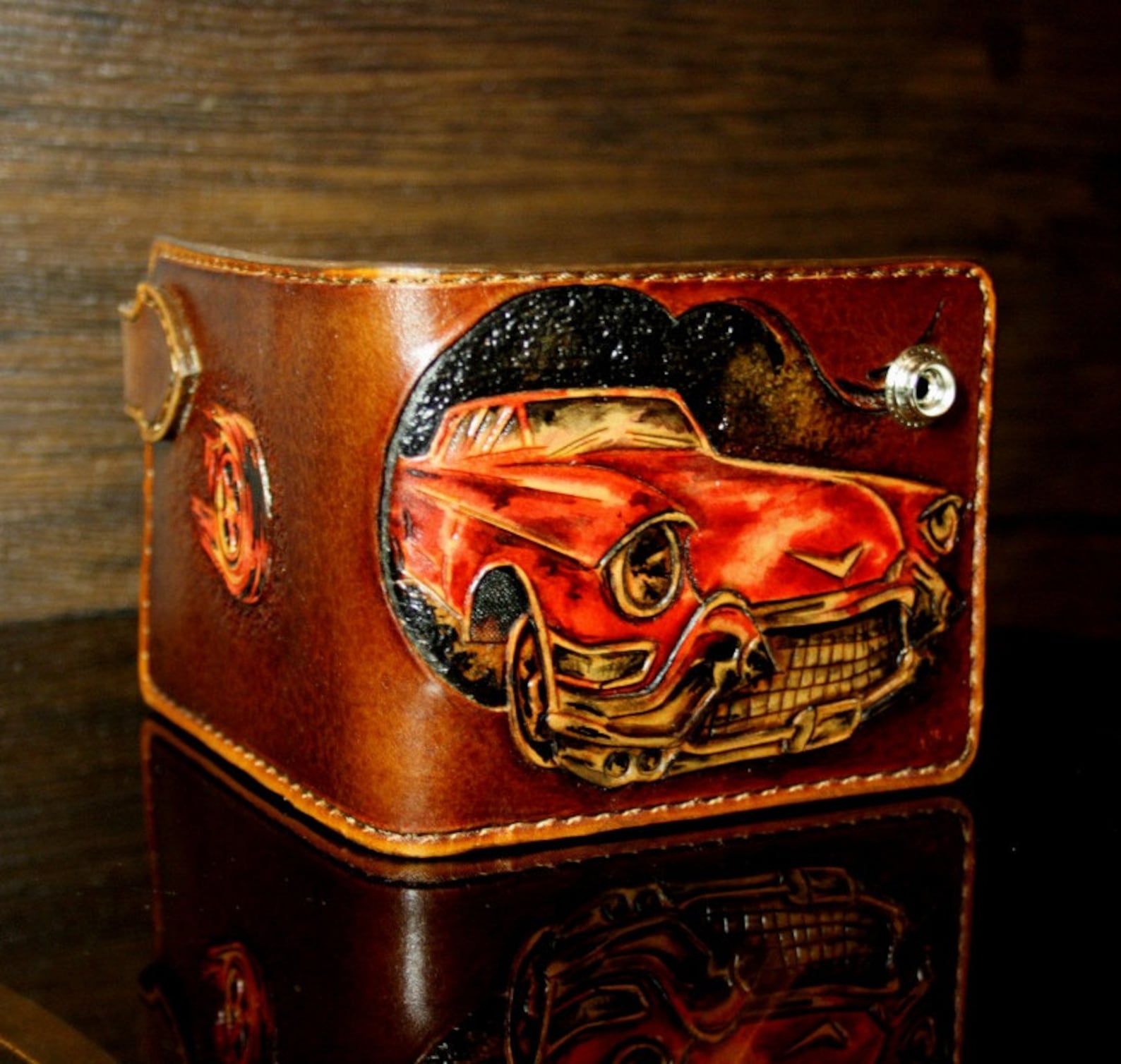 Handtooled Mens Leather Wallet With a Car Carved Wallet Etsy