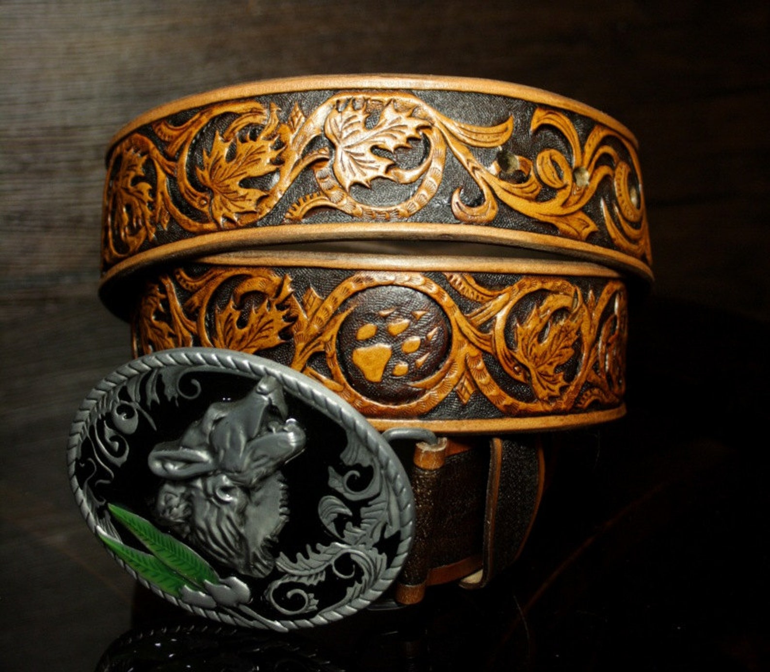 Hand-tooled leather belt hand-carved belt sheridan belt | Etsy