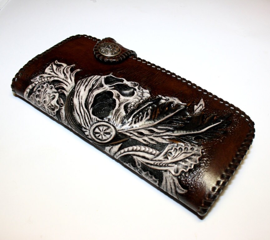 Handtooled biker wallet with a pattern in sheridan style and Etsy