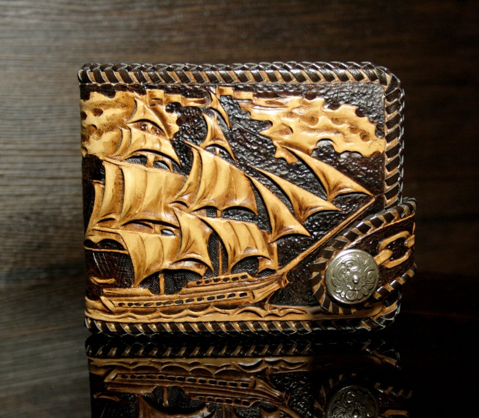 Handtooled leather wallet ship wallet sailboat wallet Etsy