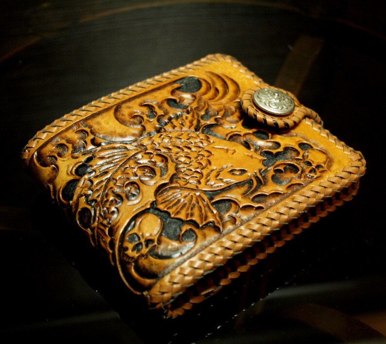 Handtooled leather wallet with Japanese Koi of Luck pattern Etsy