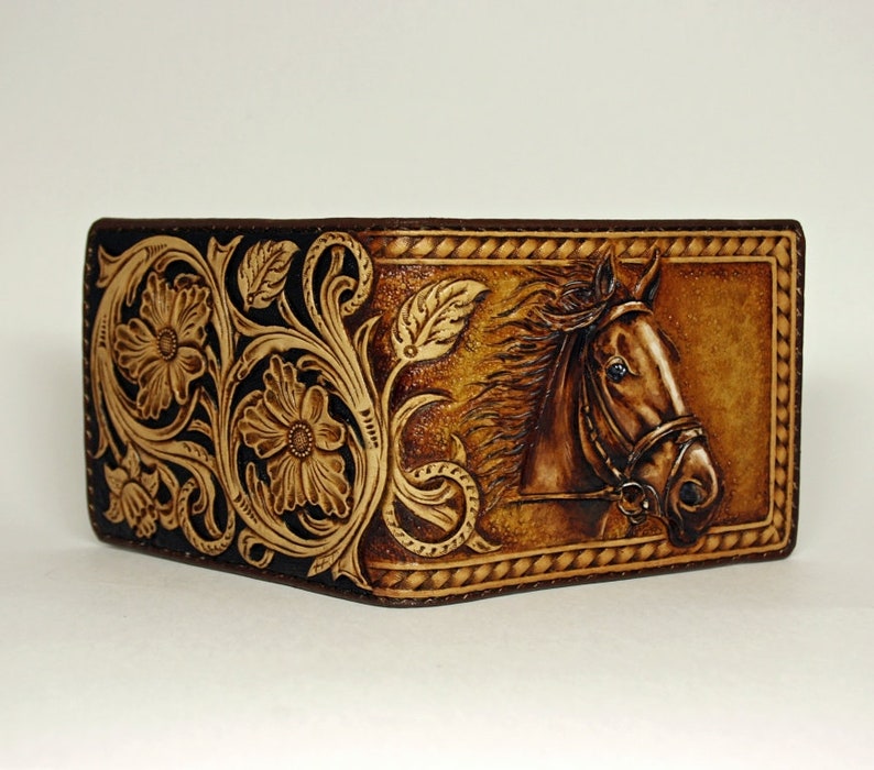 Handtooled Cowboy Wallet Tooled Leather Wallet Horse Etsy