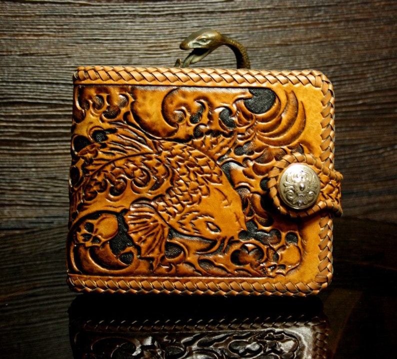 Hand-tooled leather wallet with Japanese Koi of Luck pattern | Etsy
