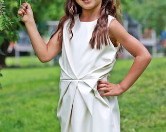 Girls white dress/Faux leather ivory dress/Bridesmaid girls dress/Kids midi dress/Toddler girls shift dress/White party dress/Black dress