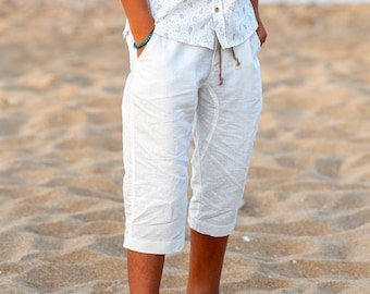 White Boys linen Bermuda pants/ Toddler linen drop crotch pants/ Kids fashion clothing/Summer linen wear/ Beach outfit