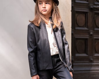 Black leather jacket/Faux leather girls outfit/Toddler leather jacket/Kids leather jacket/Vegan leather outfit/Vintage Eco leather clothing