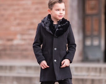 Boys black wool coat with removable faux fur collar, Stylish winter coat, Luxury boys clothes, Formal wool toddler coat , Winter outfit