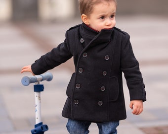 Abrigo de lana negro de doble pecho para bebés, abrigo de invierno para bebés, abrigo para bebés, oufit de invierno para bebés, ropa de invierno para niños